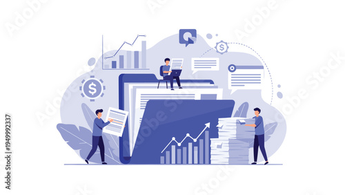 Business team manages a large digital folder filled with documents and data charts to organize company information and improve work efficiency in office.