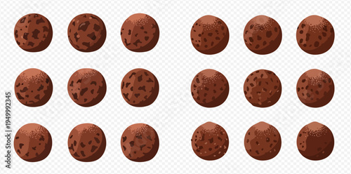 Set of chocolate balls, truffles, or cookies on a transparent background, vector illustration.