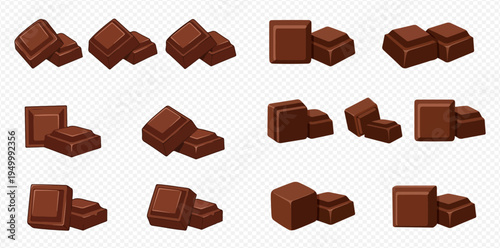 Set of chocolate pieces and squares in various positions, sweet brown dessert vector illustration.