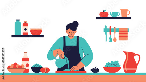 Skillful woman in an apron prepares a healthy meal in her kitchen while pouring water and using fresh vegetables and kitchenware for cooking at home.