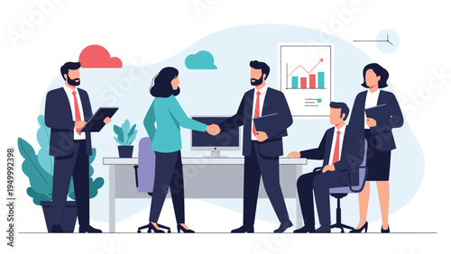 Professional business partners shake hands to finalize an agreement during a successful meeting in a modern office with their colleagues watching nearby.