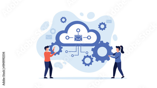 Male and female professionals working together to manage cloud data and email communications with mechanical gears.