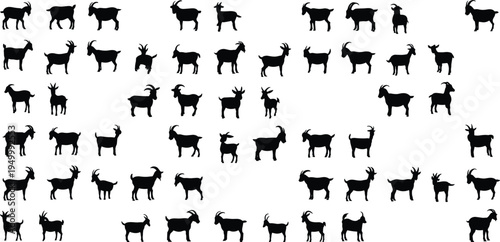 Collection of black goat silhouettes in various poses and sizes on white background animal farm