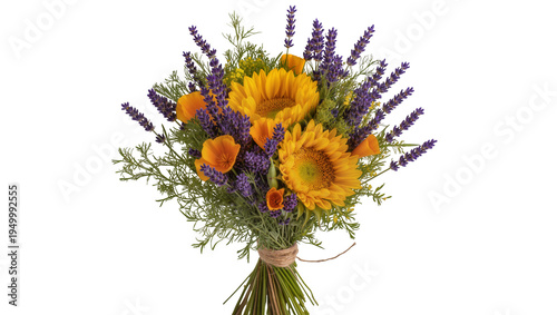 Foto Isolated vibrant rustic bouquet with cheerful sunflowers, fragrant lavender, and