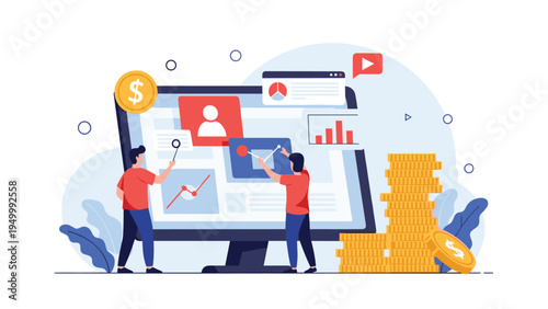 Business analysts examining financial data and marketing metrics on a large computer screen surrounded by gold coins.