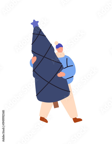 Abstract person in outerwear carries Christmas tree. Character prepares for winter holidays celebration. Man buys fir, pine for New Year and Xmas. Flat isolated vector illustration on white background