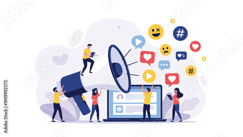 Marketing team using a giant megaphone and laptop to amplify social media engagement and brand awareness online globally.