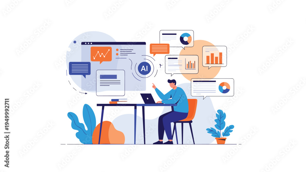 Fototapeta premium Focused analyst working at a computer desk with advanced artificial intelligence and data visualization dashboards.
