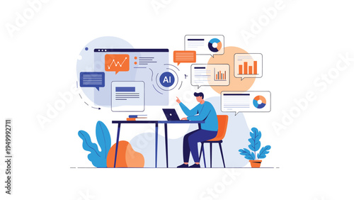 Focused analyst working at a computer desk with advanced artificial intelligence and data visualization dashboards.