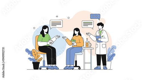 Patient consulting with a professional medical doctor or lab researcher in a clean modern clinic or laboratory setting.