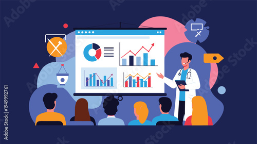 Medical professional giving a presentation about healthcare statistics and research data to an attentive audience.