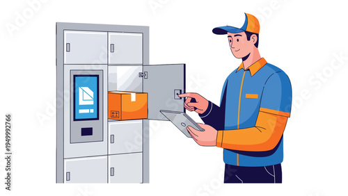 Smart Locker Delivery: A delivery worker interacting with a smart locker, demonstrating the efficiency and convenience of modern package management.