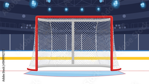 Professional ice hockey goal situated on a clean rink inside a large brightly lit stadium arena before an important match.