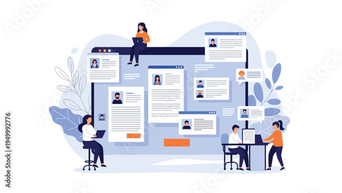 Human resources team managing multiple candidate profiles and job applications on a large digital recruitment platform.