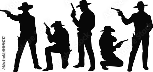 Cowboys Silhouettes Aiming Pistols On White Background western wild west