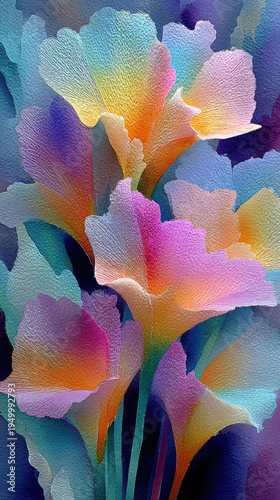 Colorful abstract flower petals, watercolor texture, vibrant gradient, soft focus, dreamy mood, artistic floral background