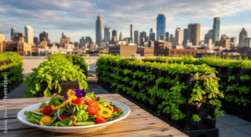 Fototapeta premium Fresh salad on rooftop garden table with city skyline background for food marketing