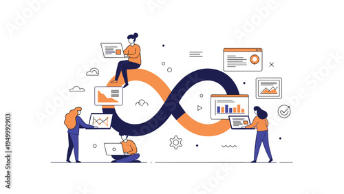 Collaborative team working with data and charts around an infinity symbol to represent continuous integration and delivery.