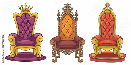 Throne chair collection with royal golden ornate king and queen seats representing monarchy luxury furniture vector illustration