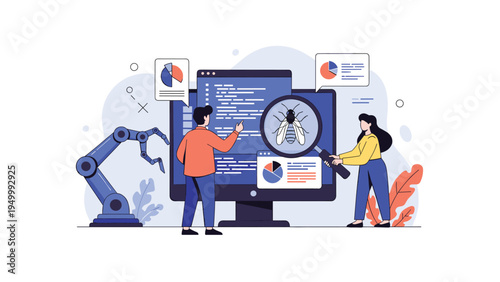 Software engineers using a magnifying glass and robotic arm to identify and fix complex bugs in a computer program.