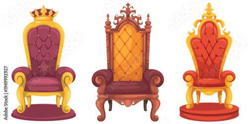 Throne chair set with golden ornate royal seats for king and queen representing monarchy luxury palace furniture illustration