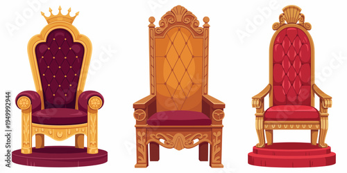 Throne chair icons with golden ornate royal king and queen seats symbolizing monarchy authority and luxury vector illustration