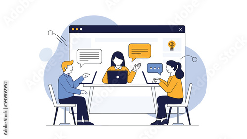 Team of professionals conducting a virtual meeting with laptops and interactive chat bubbles on a large computer screen.