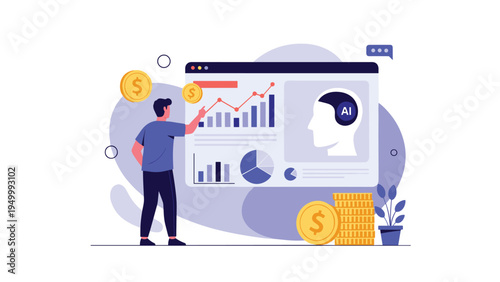 Financial analyst studying artificial intelligence data and market performance charts on a professional computer screen.