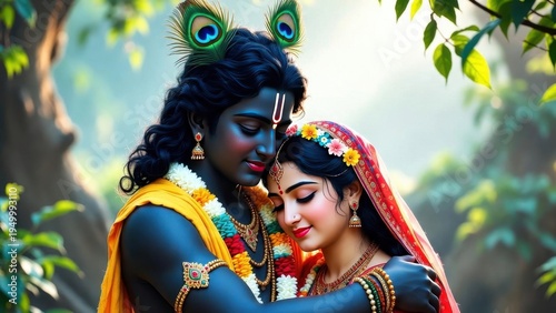 Krishna and radha holding close in sunlit forest clearing