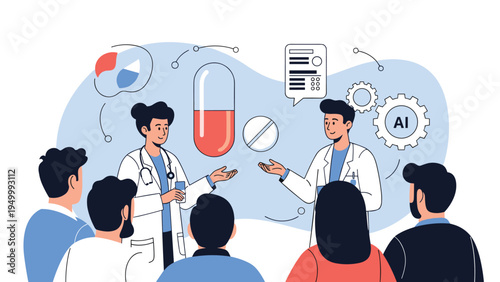 Medical researchers and doctors analyzing a giant medicinal capsule and pill to represent breakthrough pharmaceutical research.