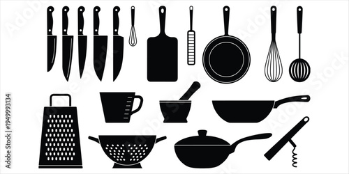 Kitchen Utensils and Cooking Tools Silhouette Icon Set knives cutting board