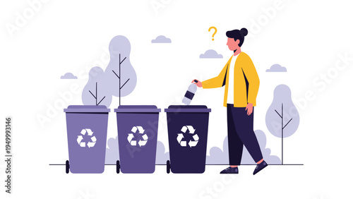 Eco-conscious woman thoughtfully sorting a plastic bottle into color-coded recycling bins to promote sustainability.