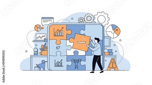 Motivated individual assembling a large jigsaw puzzle of business and health icons to represent strategic planning.