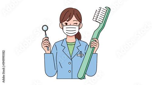 Dental Professional with Tools: A skilled dentist, embodying health and hygiene, proudly displays dental tools like a mirror and a giant toothbrush.