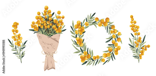 Yellow mimosa flowers bouquet and wreath. Spring australian plant