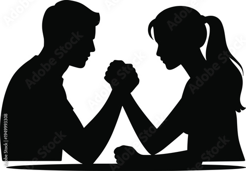 Silhouette of a man and woman arm wrestling on a white background competition strength