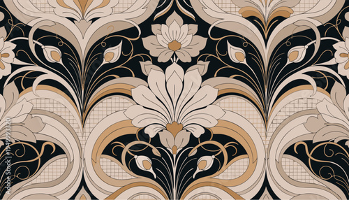 Seamless Luxury Art Nouveau Pattern, Elegant Damask Floral Ornament with Golden Accents on Black Background