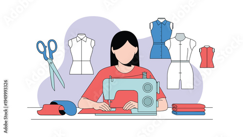 Professional fashion designer using a sewing machine surrounded by garment patterns and tailoring tools to create new clothing collections at home.