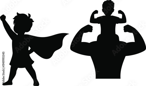 Silhouette of father and son dressed as superheroes with cape and flexing muscles child