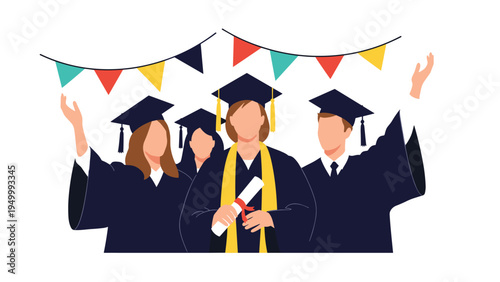 Group of joyful students in academic regalia celebrating their university graduation with a diploma and colorful festive party flags overhead.