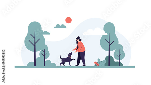 Woman walking and interacting with her pet dog in a peaceful outdoor park area surrounded by green trees and soft clouds under the sun.