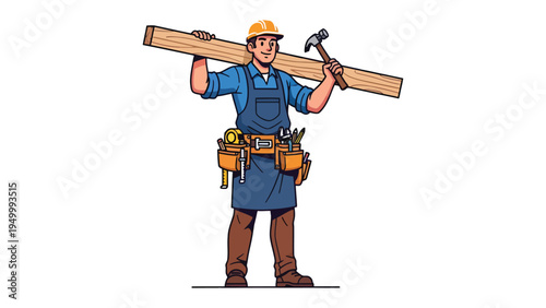 Craftsman at Work: A skilled craftsman, clad in a hardhat and apron, carries a wooden plank and hammer, ready for a construction project, embodying expertise and dedication.