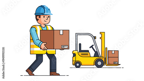 Warehouse Logistics: A warehouse worker expertly carries a package box next to a forklift, demonstrating efficiency and precision in distribution.