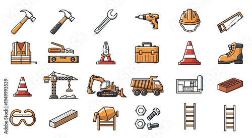 Colorful construction tools and equipment illustration on transparent background silhouette