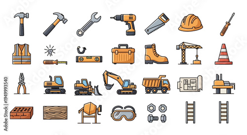 Construction tools and equipment illustration on transparent background silhouette