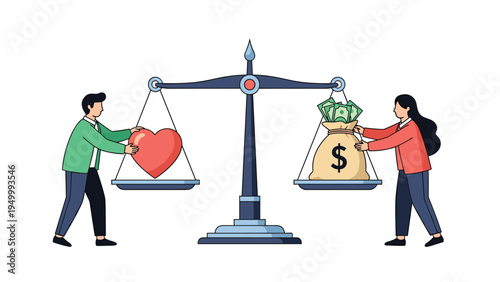 Man and woman balancing a large red heart and a sack of money on a mechanical scale representing the constant struggle for work-life harmony.
