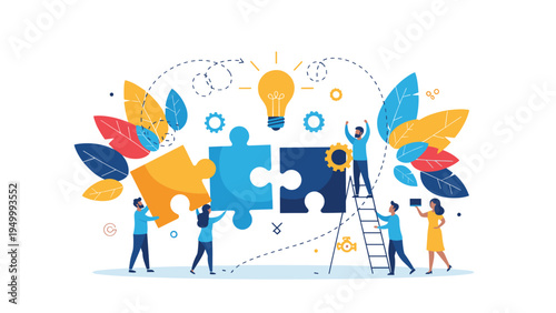 Creative professionals working together to assemble large colorful puzzle pieces under a central lightbulb signifying effective problem solving.