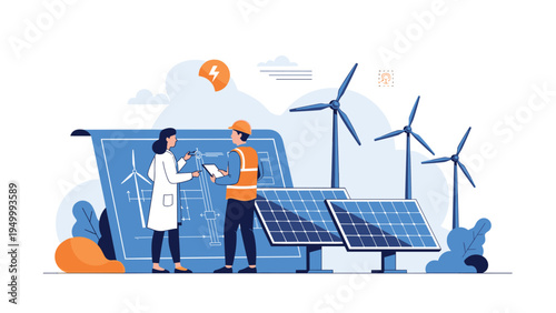 Engineers and scientists discussing a sustainable energy blueprint next to solar panels and large wind turbines to plan for a greener future.
