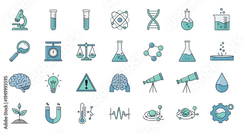 Scientific research icons depicting biology chemistry and physics on transparent background silhouette