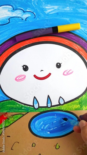 Cute Cartoon Cloud with Rainbow and Raindrops Drawing.